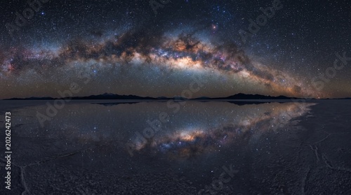 Milky Way galaxy reflected in a vast salt flat at night