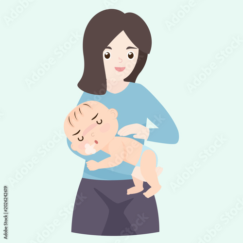 A loving mother holding her baby in her arms for burping and soothing. Concept of motherhood, infant care, and parental bonding. Vector illustration.