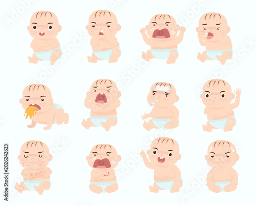 Set of cute baby icons showing various emotions and symptoms like crying, fever, vomiting, and skin rash. Vector illustration of infant health and development.