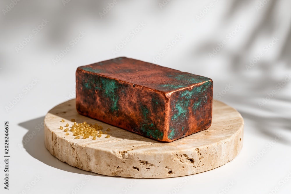Obraz premium Minimalist Still Life of a Patinated Copper Block on a Travertine Base with Gold Crystals
