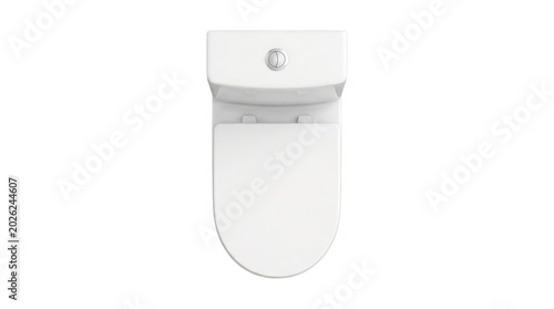 Top-down view of a modern white porcelain toilet with closed oval seat, visible cistern and flush button
