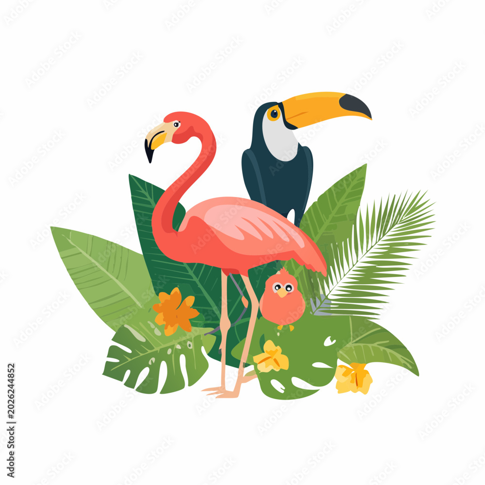 Fototapeta premium Tropical Birds and Foliage Illustration