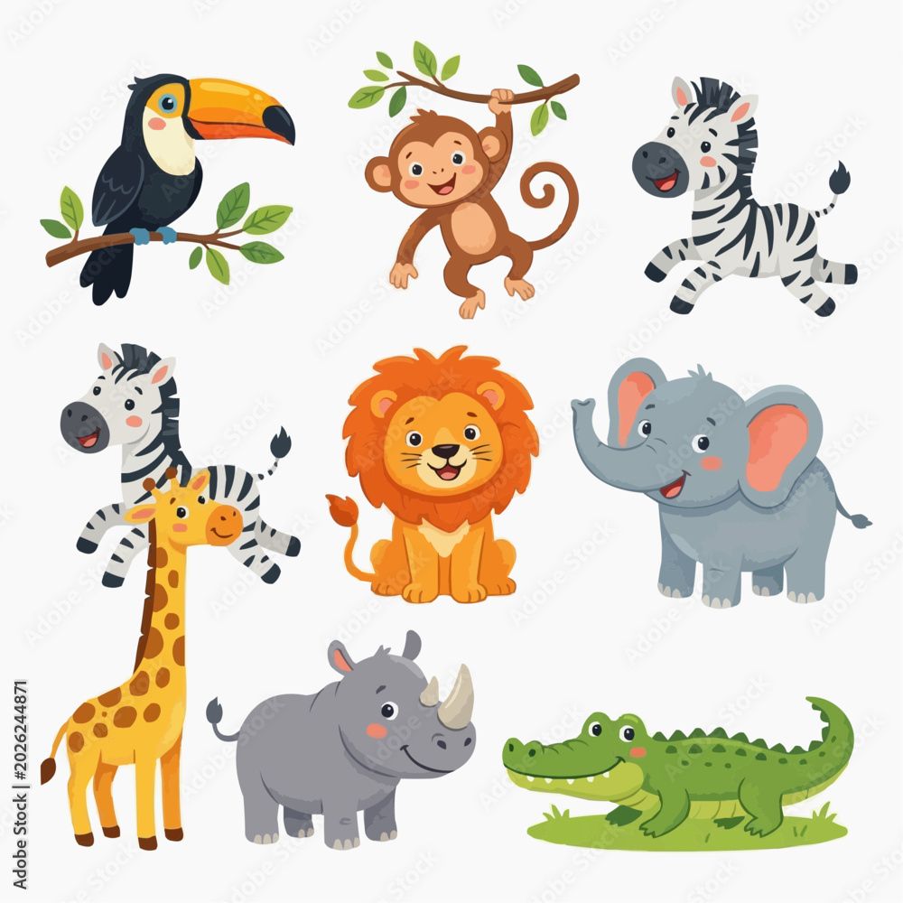 Fototapeta premium Adorable collection of cute baby safari animals, including a cheerful toucan, playful monkey, happy zebra, friendly lion, sweet elephant, tall giraffe, gentle rhinoceros, and smiling crocodile.