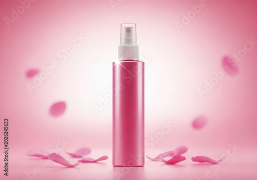 Pink spray bottle with rose petals on a pink background