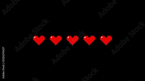 Retro Pixel Art 8-Bit Health Bar Animation with Five Heart Icons Decreasing Life Points Looped 4k video