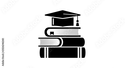 Photos Graduation cap rests atop a stack of hardcover books as a symbolic representation of academic achievement, scholarly pursuit, and the successful completion of an educational journey or program