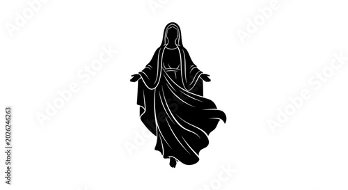 Canvas Print Virgin Mary silhouette stands with arms outstretched in a classic religious pose that represents grace, divinity, and spiritual devotion in a clean, minimalist black and white graphic composition