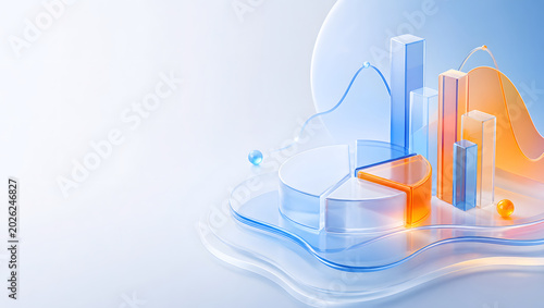 Abstract 3D glassmorphism geometric shapes, translucent frosted glass charts and fluid layers