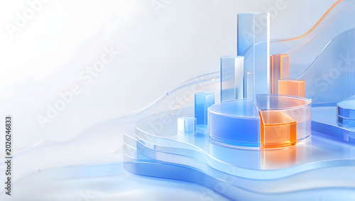 Abstract 3D glassmorphism geometric shapes, translucent frosted glass charts and fluid layers