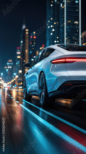 Pearl white autonomous vehicle driving fast on a wet city street at night. Motion blur and neon light trails on pavement. Futuristic urban transportation and smart car technology