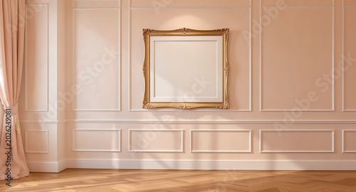 Empty ornate golden frame on a classic wall with sunlight.