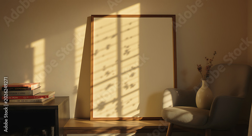 Empty picture frame in sunlit room.
