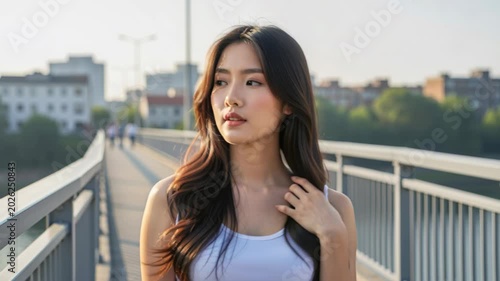 Urban Portrait of Serenity: A young Asian woman with long, dark hair stands on a bridge, bathed in the soft, golden light of a late afternoon sun, her gaze thoughtful and serene.