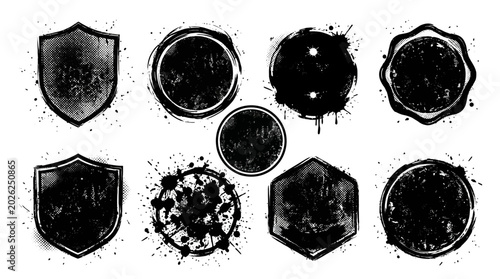 Collection of black ink splatter shield and badge icons
