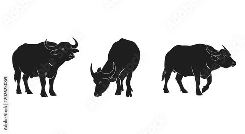 Three black silhouette bulls standing side by side.