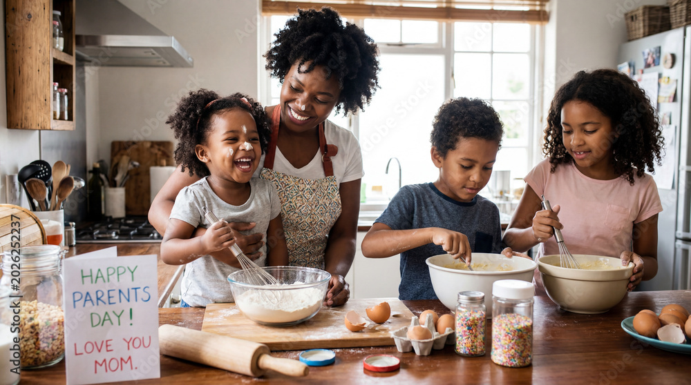 Obraz premium Parents Day mother children baking together in kitchen indoors for family celebration greeting cards social media motherhood bonding cooking marketing materials