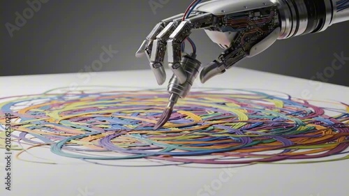 A robotic hand holds a paintbrush poised above a canvas covered with colorful circular paint strokes