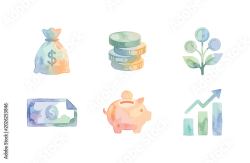 Watercolor money and finance icon set with money bag, coins, growth plant, banknote, piggy bank, and stock market bar chart graph on white background