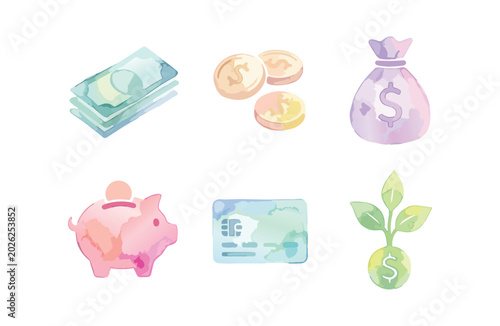 Watercolor money and financial icons set on white background