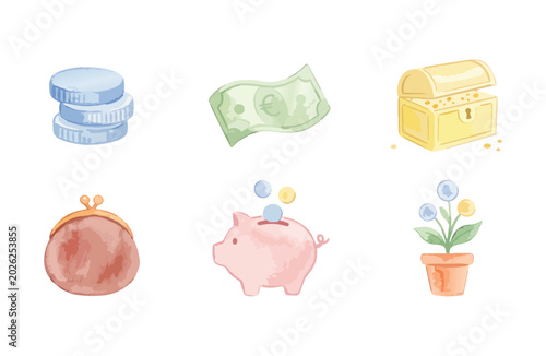 Watercolor money and finance icon set with coins banknote piggy bank wallet treasure chest and money plant