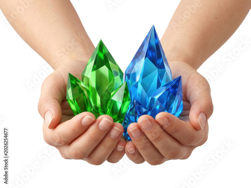 Faceted Blue and Green Crystal Mountain Landscape Held by Hands PNG