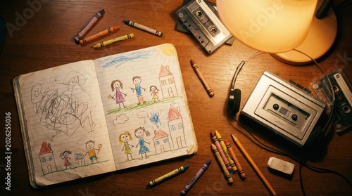 Children's drawings and vintage cassette player on a wooden desk. Warm lamp light creates a nostalgic atmosphere of the nineties. Ideal for retro lifestyle and memory themed content.