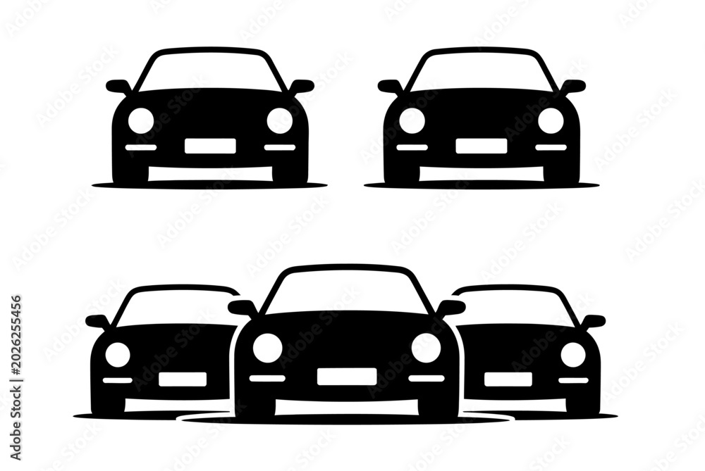Obraz premium Black silhouettes of multiple cars facing forward in two rows on a white background, simple vector illustration for design and transportation concepts.
