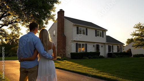 Couple admiring new home at sunset.