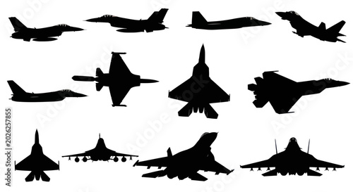 Tableau sur toile Collection of Fighter Jet Silhouettes - Military Aircraft Icons