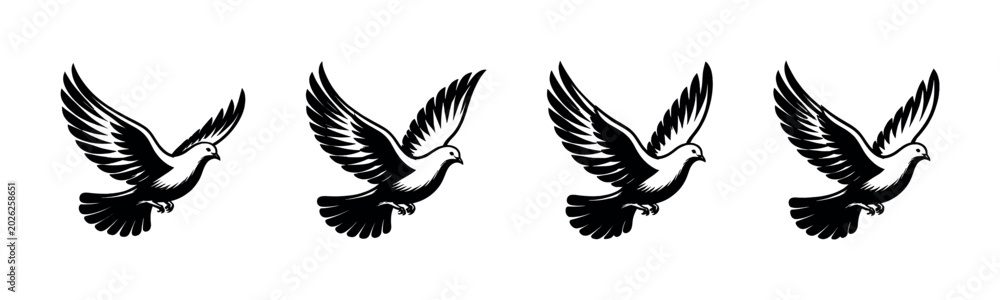Fototapeta premium Four identical black and white silhouette pigeons flying in a row
