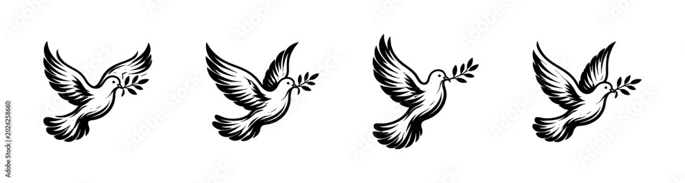 Obraz premium Four stylized doves carrying olive branches in flight, symbolizing peace and hope