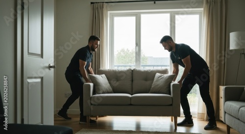 Two men lift a sofa indoors, natural light from a window. Beige sofa, neutral colors