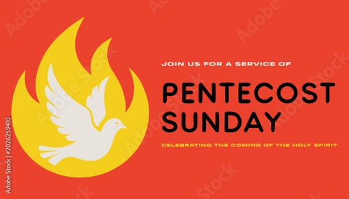 Pentecost sunday banner with dove in flame. Invitation the christian service of pentecost with Holy Spirit and text. Vector illustration