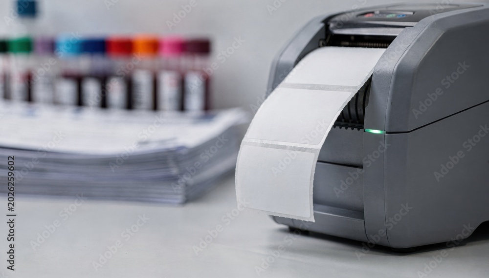 Fototapeta premium Focused view of duallanguage labels being printed at the blood sample labeling station with tubes and paperwork softly blurred in the background.