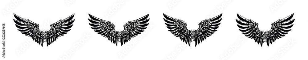 Obraz premium Intricate mechanical wings design with gears and feathers in black and white