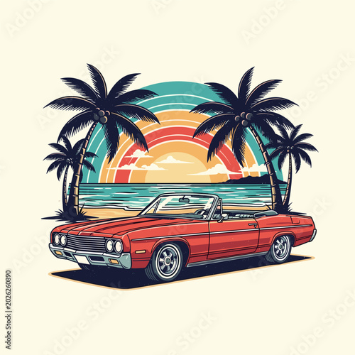 Vintage Red Convertible Car on Tropical Beach at Sunset Retro Illustration