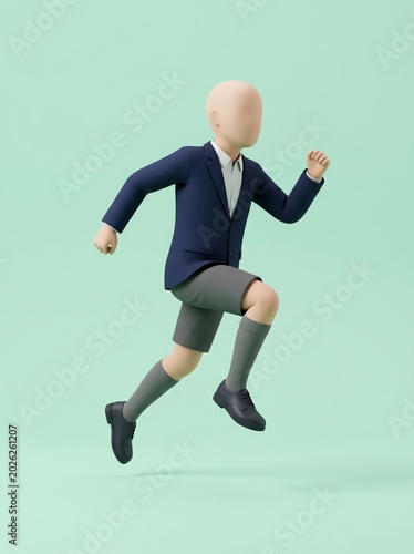 3D Render of Student Running in School Uniform, Motion Concept