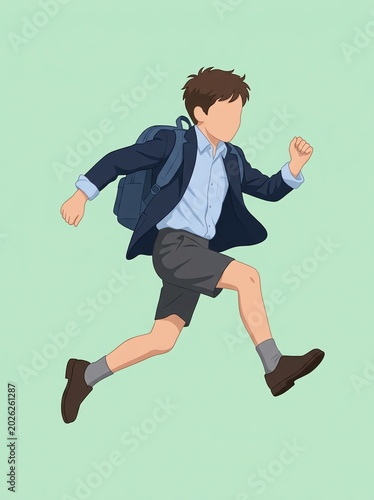 Young boy running with backpack, school uniform, going to school, energetic, active lifestyle