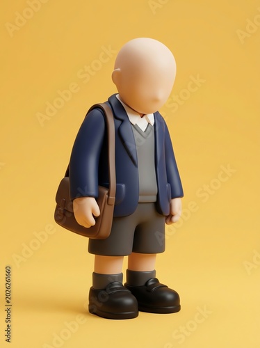 Sad Schoolboy Toy Figurine with Briefcase on Yellow Background