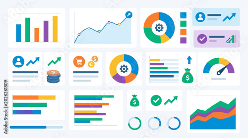 Colorful business data analysis charts graphs.