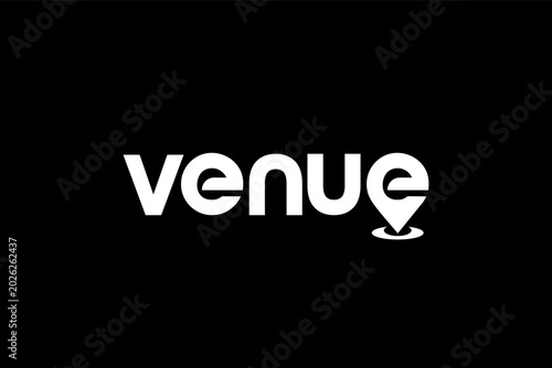 Tableau sur toile Venue typography displays clean white lettering on a deep black background with a geometric location marker symbol cleverly merged into the letter e