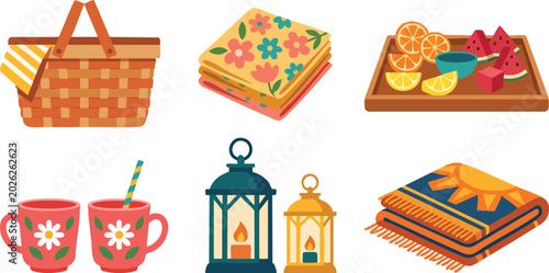 Colorful picnic basket with floral napkins fruit tray and lanterns vector art