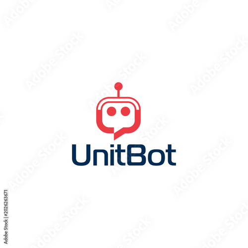 Photos A red robot head logo with a speech bubble incorporated into its design, with th