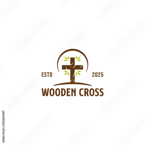 Cuadro en lienzo Wooden cross emblem with a subtle tree element inside a circular frame, suggesting growth and faith