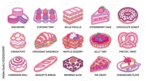 Bild auf Leinwand A delightful collection of sweet and savory baked goods and desserts, presented in a charming isometric illustration style