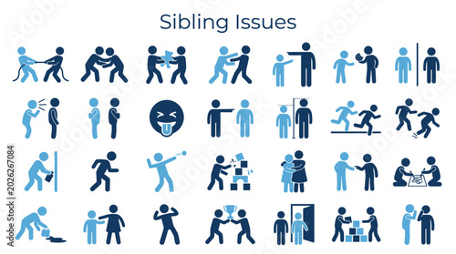 Bild auf Leinwand Sibling Issues Collection of Icons Illustrating Conflicts Arguments Fights and C