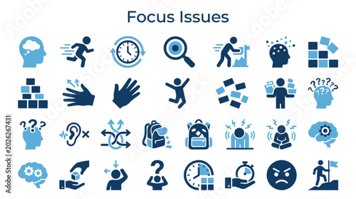 Fotografie Collection of blue icons representing focus issues, mental challenges, and probl