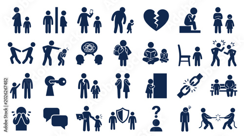 Bild auf Leinwand Collection of icons depicting social issues family problems bullying and emotion