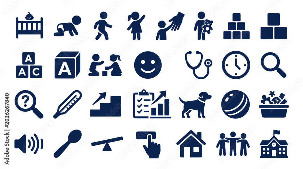 Fototapeta premium Collection of diverse childcare and early education icons representing development growth learning and wellbeing for children and families