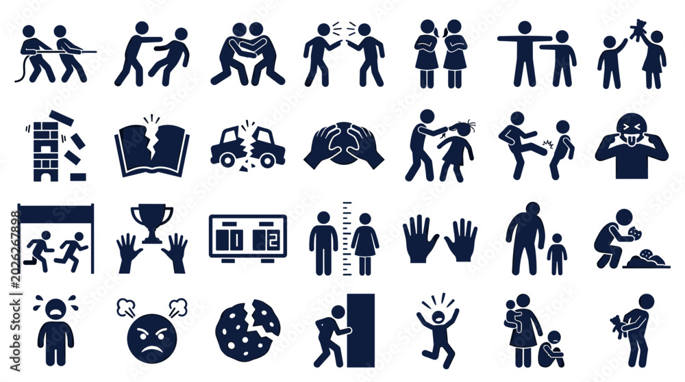 Fototapeta premium Collection of icons depicting childhood challenges bullying conflict resolution and emotional states symbolizing social issues and mental health concerns
